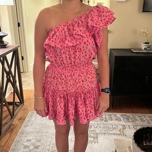 NWT. Buddy Love pink and red one shoulder ruffled dress